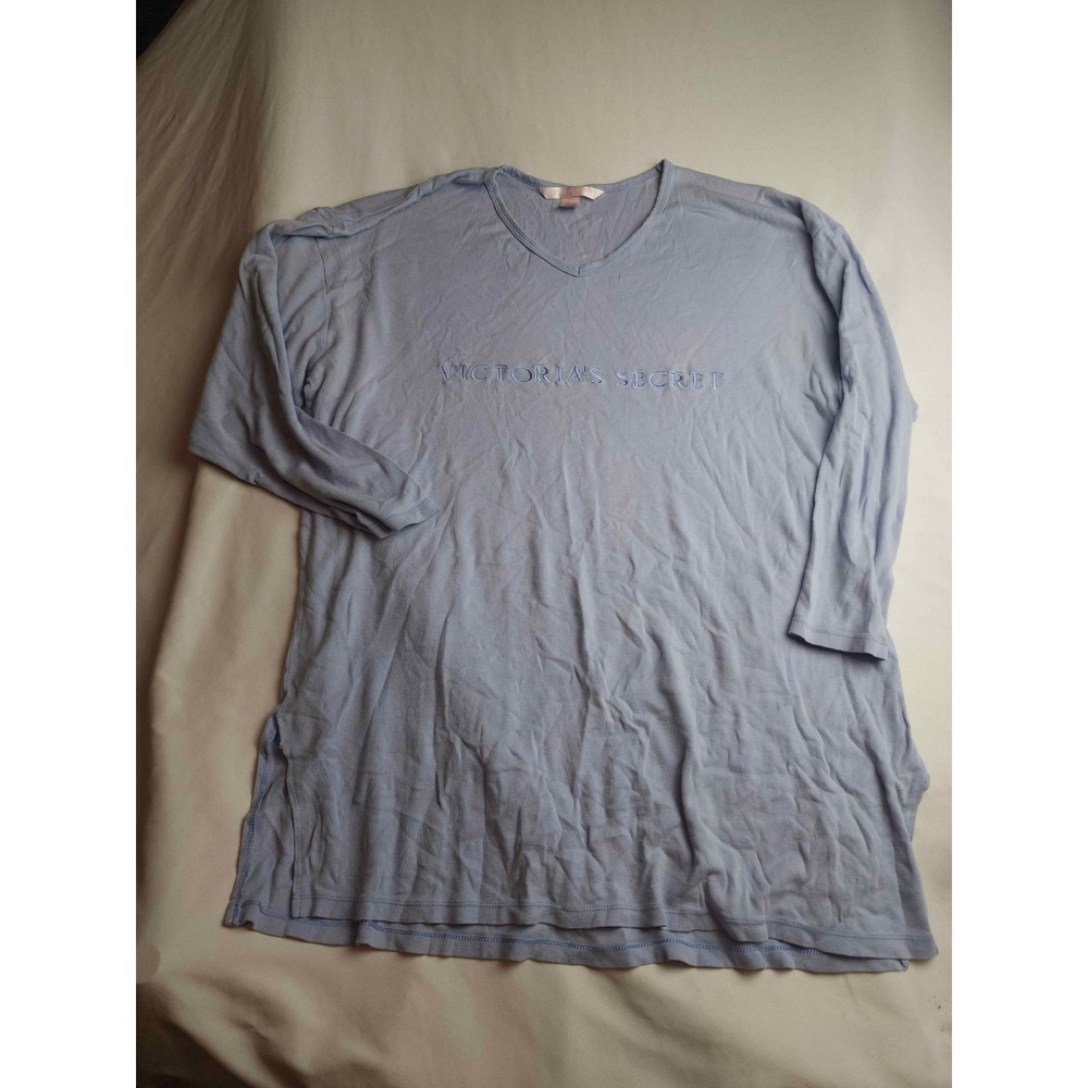 Victoria's Secret Blue Long Sleeve Sleep Shirt V-Neck Embroidered Logo Womens M